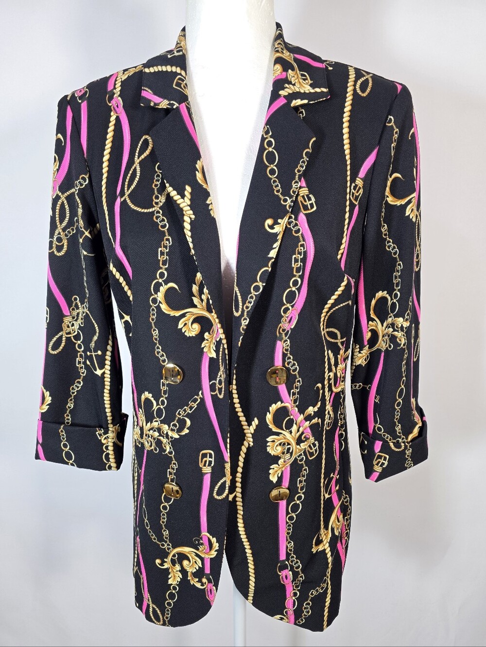Frank Lyman Blazer Jacket Chain Print Black Pink Gold Size 6‎